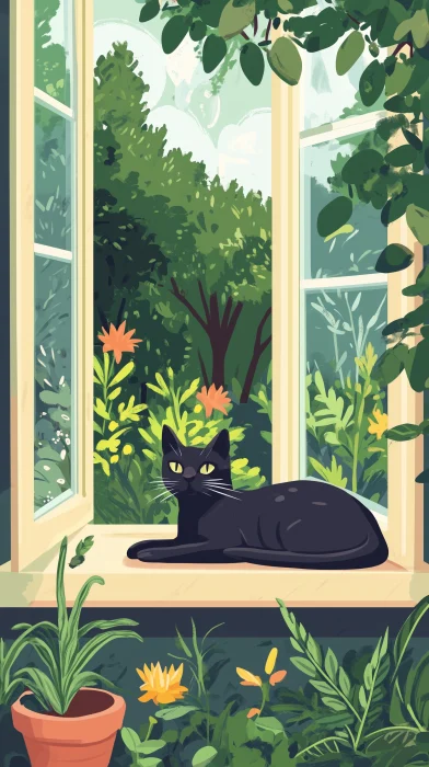 Black Cat on Window Sill