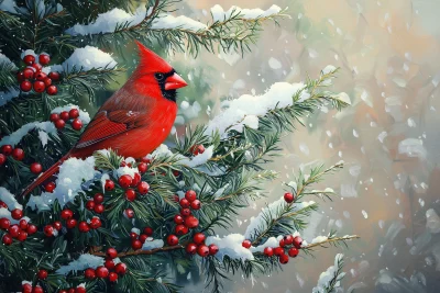 Cardinal in Snowy Yew Tree