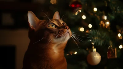 Cute Abyssinian Cat by the Christmas Tree