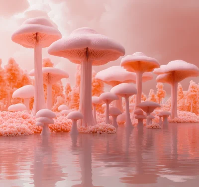 Mushrooms in a Bright Color Block Lake