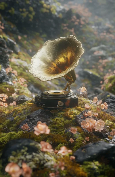 Golden Gramophone in Alien Landscape