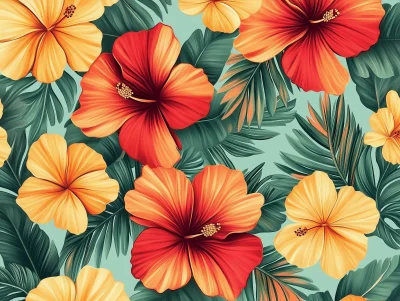 Tropical Hibiscus and Palm Pattern