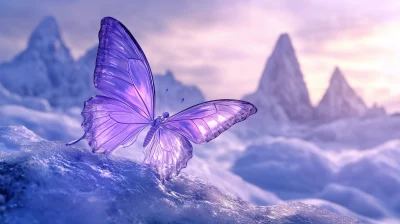 Ice Purple Transparent Butterfly in Snow Mountain