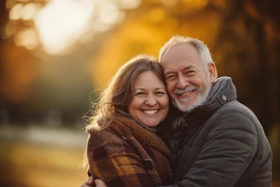 Happy Senior Couple Hugging in Autumn Park