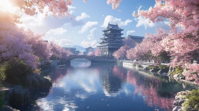 Japanese River with Sakura and Castle