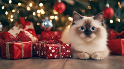 Cute Birman Cat by the Christmas Tree