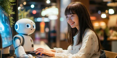 Japanese Woman with Kawaii Robot