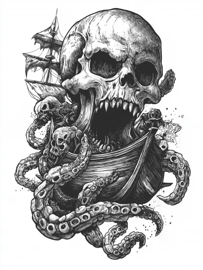 Pirate Ship vs Kraken Tattoo Design