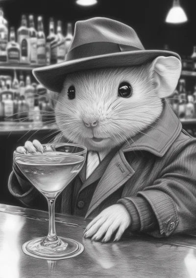 White Dwarf Russian Hamster in Trenchcoat and Fedora