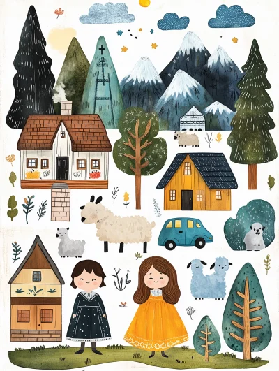 Handdrawn Cute Russian Village Illustration Set