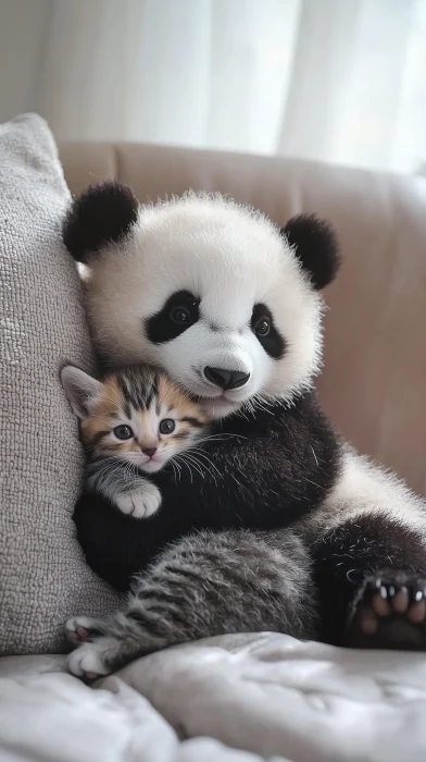 panda and kitten cuddle