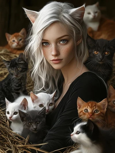 Happy Woman with Kittens