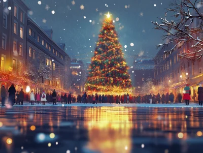 Festive Cityscape with Christmas Tree