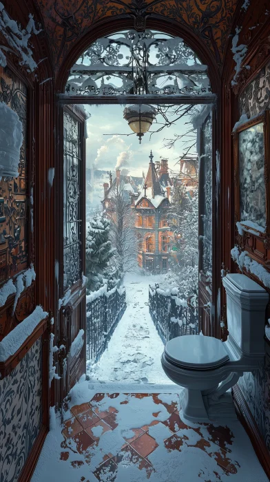 Toilet in Snowy Cityscape