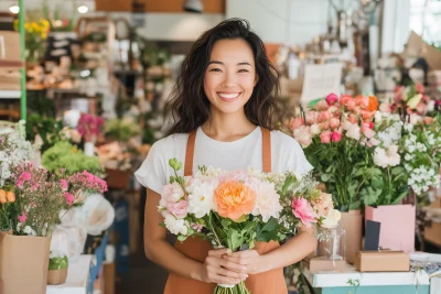 Smiling Woman with Bouquet