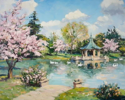 Impressionist Landscape with Cherry Blossoms