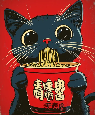 Manga Cat Eating Ramen