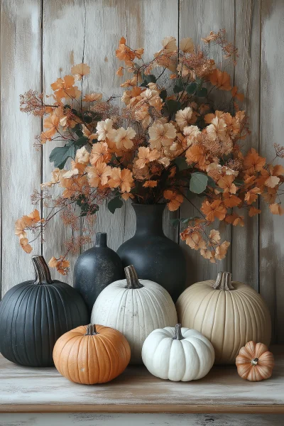 Rustic Pumpkins on Wooden Background