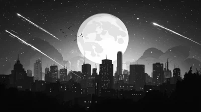 Monochrome Cityscape with Moon