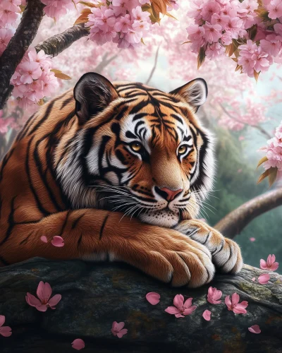 Majestic Tiger Under Cherry Blossoms