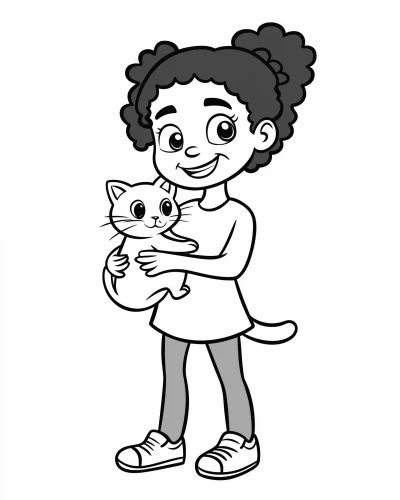 Cartoon Girl with Kittens