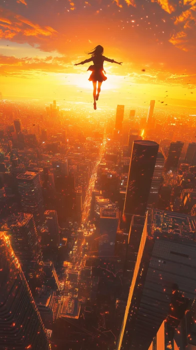 Futuristic Woman Floating Above Tokyo