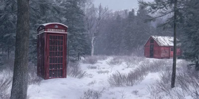 Old Wooden Phone Booth in Snow