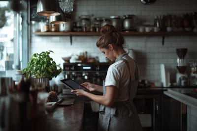 Woman Using Tablet in Kitchen