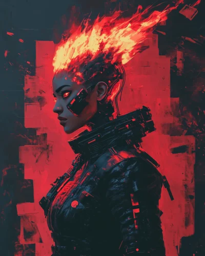 Cyberpunk Asian Lady with Fire Salamander Mohawk