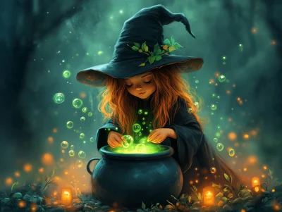 Cute Witch Stirring Cauldron