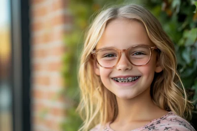 Happy Smiling Girl with Dental Braces and Glasses