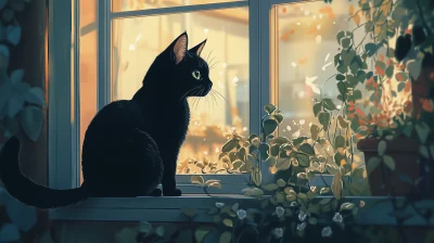 Cute Black Cat on a Window Sill