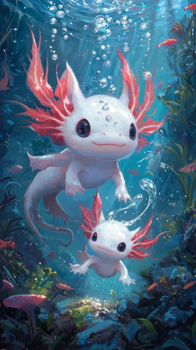 Mother and Baby Axolotl Swimming