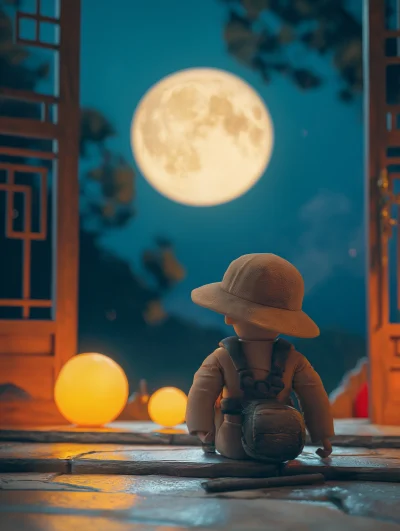 Boy in Ancient Attire Under the Moon