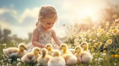 Little girl playing with ducklings