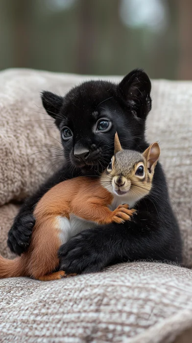 Cute baby panther and squirrel