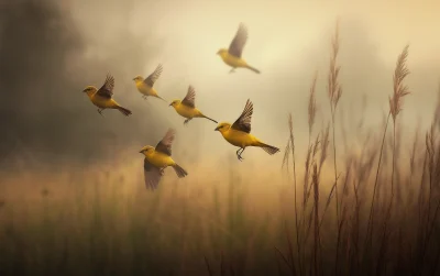 Evening Flight of Yellow Finches