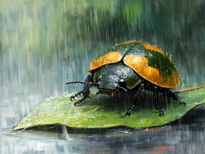 Beetle Under Rainy Leaf