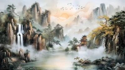 Chinese Landscape Painting with Feng Shui Elements