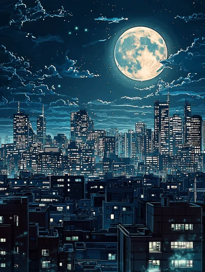 Night Cityscape with Moon