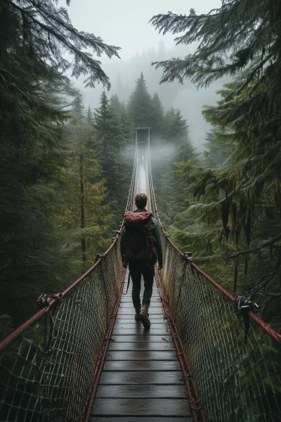 Hiker Crossing Suspension Bridge