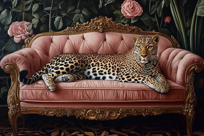 Leopard on Velvet Sofa