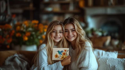 Mother and Daughter with Greeting Card