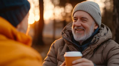 Happy seniors enjoying coffee