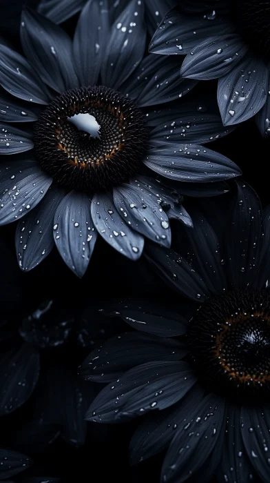 Black Sunflowers with Waterdrops