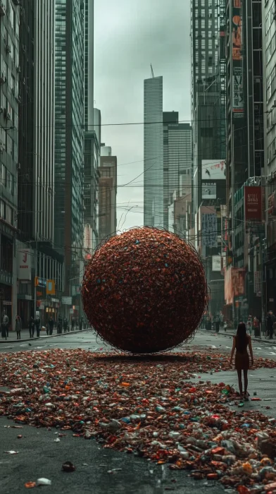 Trash Sphere Rolling Through Urban Metropolis