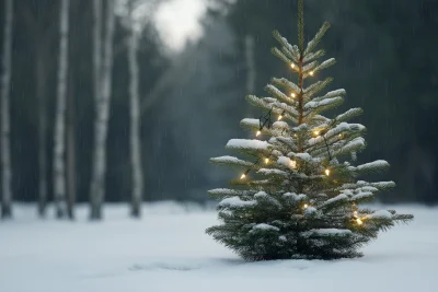 Decorated Christmas Tree in Snowy Forest