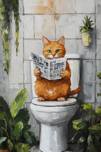 Whimsical Cat on the Toilet