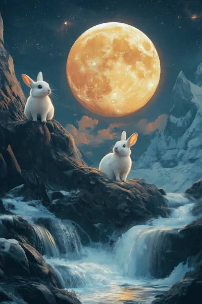 Cute Rabbits Under the Moon