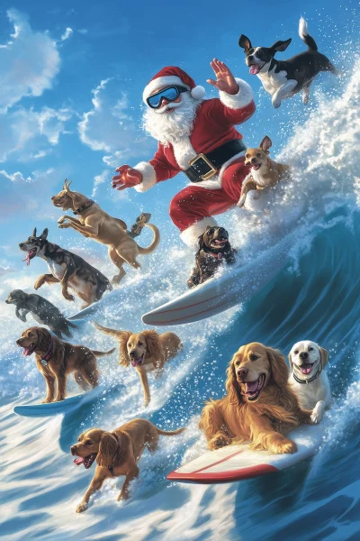 Santa Surfing with Dogs